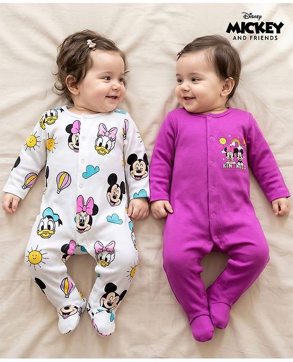 Babyhug Disney Interlock Knit Full Sleeves Footed Sleep Suits With Minnie & Friends Graphics Pack Of 2 - White & Purple
