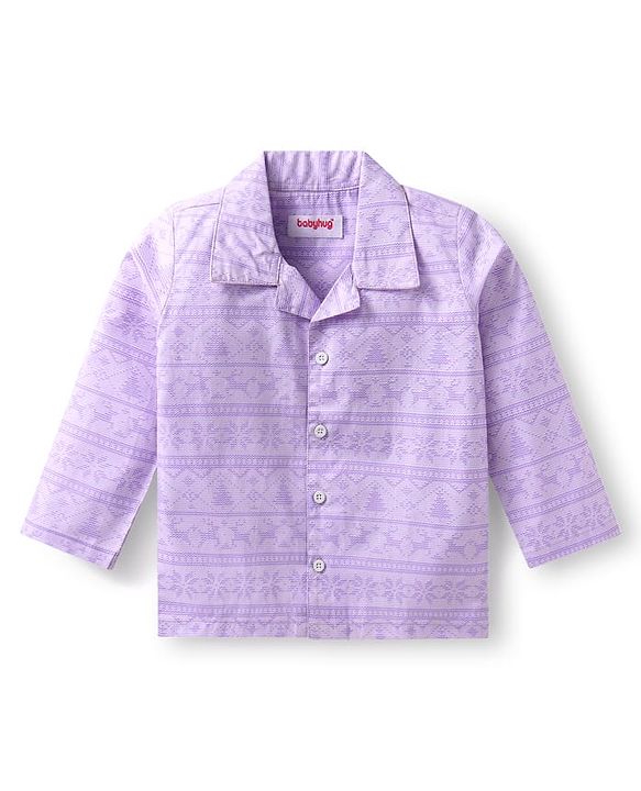 Babyhug Cotton Woven Full Sleeves Printed Night Suit - Purple