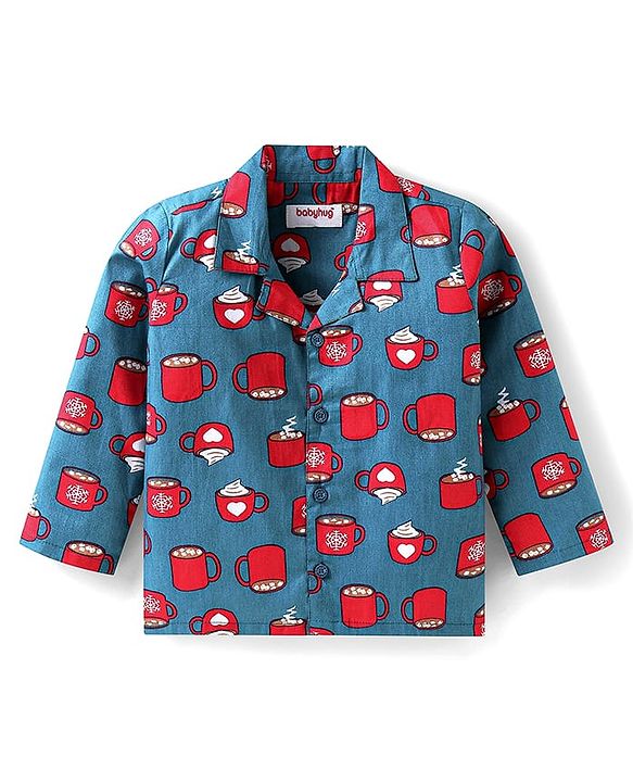 Babyhug Cotton Woven Full Sleeves Night Suit With Hot Chocolate Print - Teal Blue