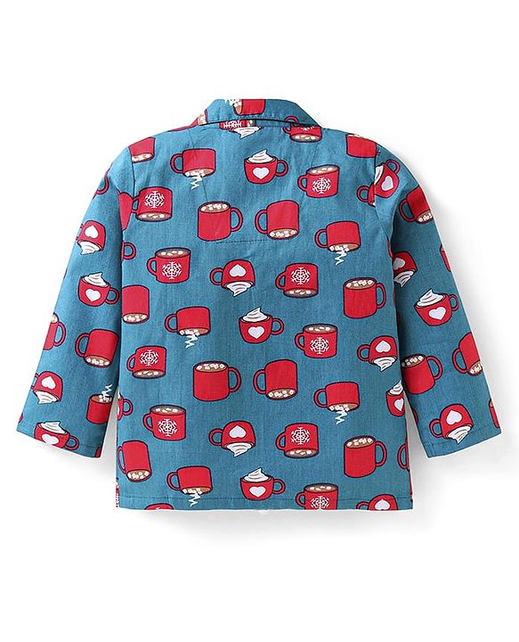 Babyhug Cotton Woven Full Sleeves Night Suit With Hot Chocolate Print - Teal Blue