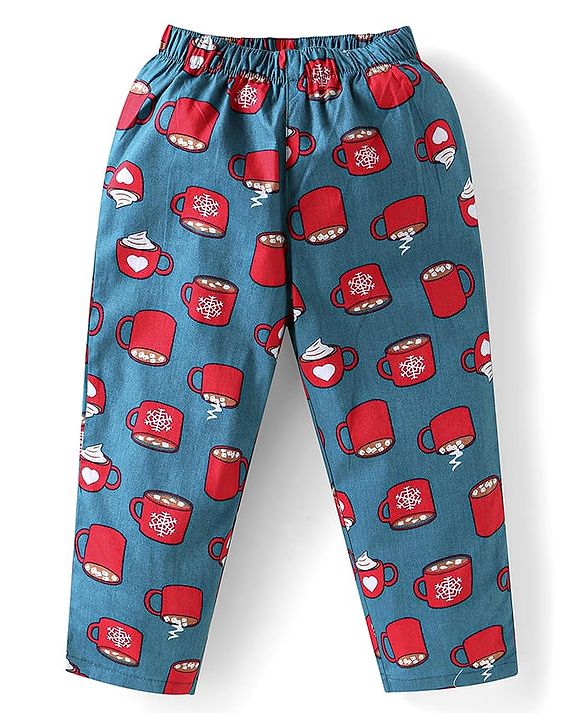 Babyhug Cotton Woven Full Sleeves Night Suit With Hot Chocolate Print - Teal Blue