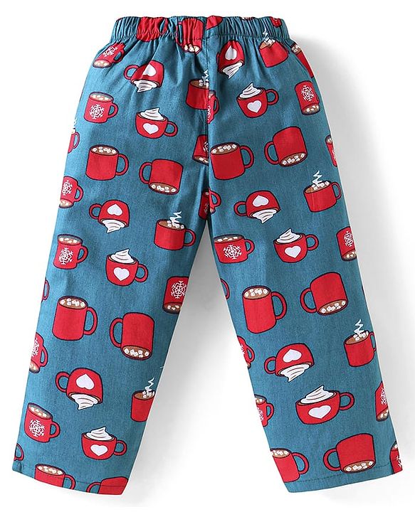 Babyhug Cotton Woven Full Sleeves Night Suit With Hot Chocolate Print - Teal Blue