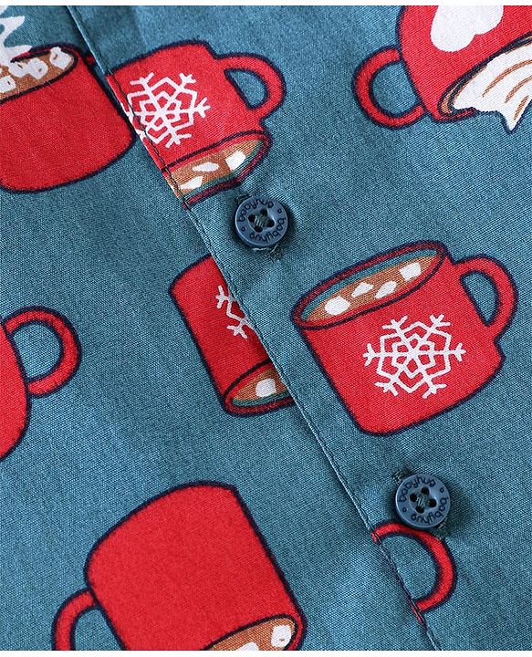 Babyhug Cotton Woven Full Sleeves Night Suit With Hot Chocolate Print - Teal Blue