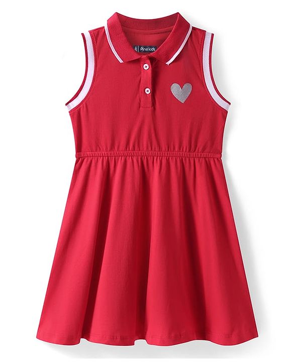 Pine Kids Cotton Knit Sleeveless Collared Dress with Foil Heart Print - Red