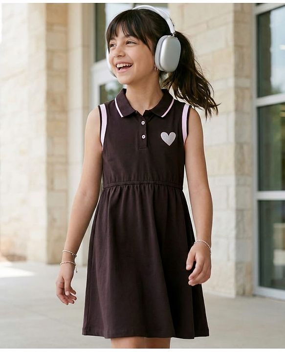 Pine Kids Cotton Knit Sleeveless Collared Dress with Foil Heart Print - Black