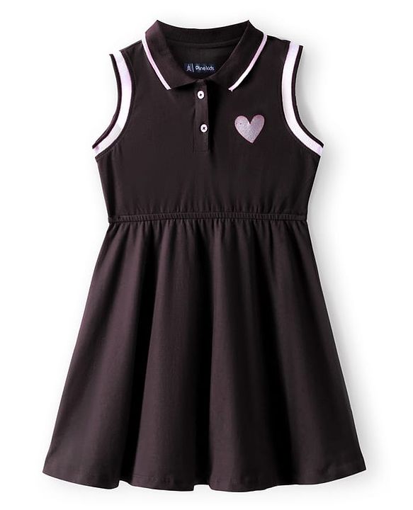 Pine Kids Cotton Knit Sleeveless Collared Dress with Foil Heart Print - Black