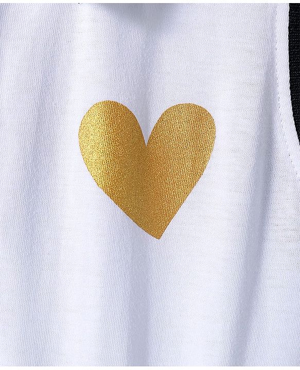 Pine Kids Cotton Knit Sleeveless Collared Frock with Glitter Heart Print - White