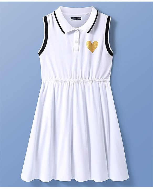 Pine Kids Cotton Knit Sleeveless Collared Frock with Glitter Heart Print - White