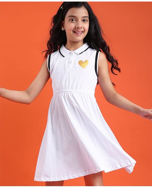 Pine Kids Cotton Knit Sleeveless Collared Frock with Glitter Heart Print - White