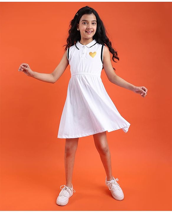 Pine Kids Cotton Knit Sleeveless Collared Frock with Glitter Heart Print - White