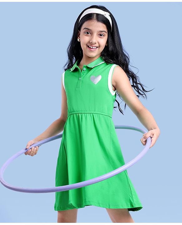 Pine Kids Cotton Knit Sleeveless Collared Dress with Foil Heart Print - Light Green