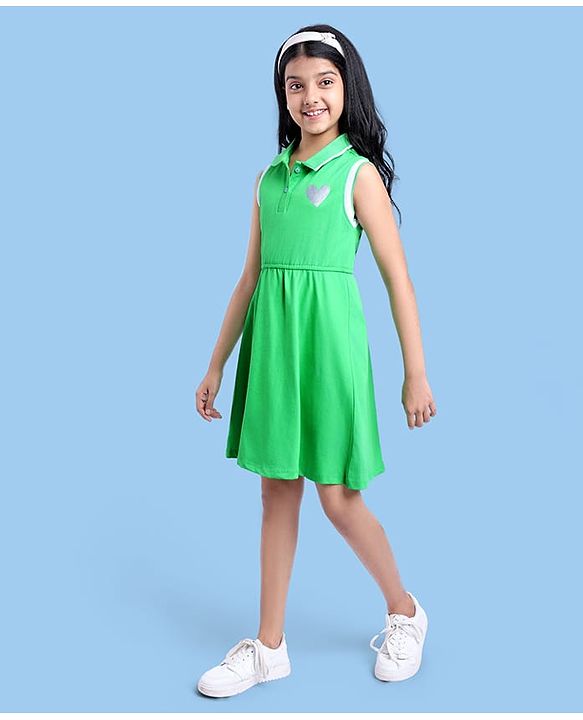 Pine Kids Cotton Knit Sleeveless Collared Dress with Foil Heart Print - Light Green