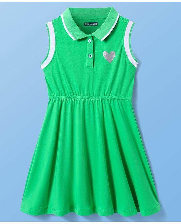 Pine Kids Cotton Knit Sleeveless Collared Dress with Foil Heart Print - Light Green