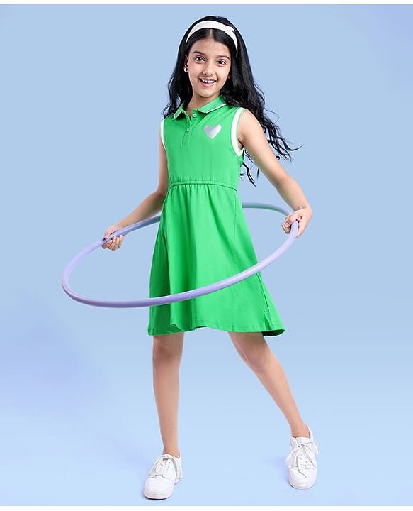 Pine Kids Cotton Knit Sleeveless Collared Dress with Foil Heart Print - Light Green