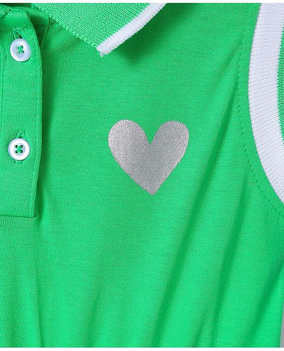 Pine Kids Cotton Knit Sleeveless Collared Dress with Foil Heart Print - Light Green