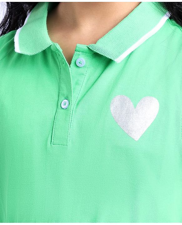 Pine Kids Cotton Knit Sleeveless Collared Dress with Foil Heart Print - Light Green