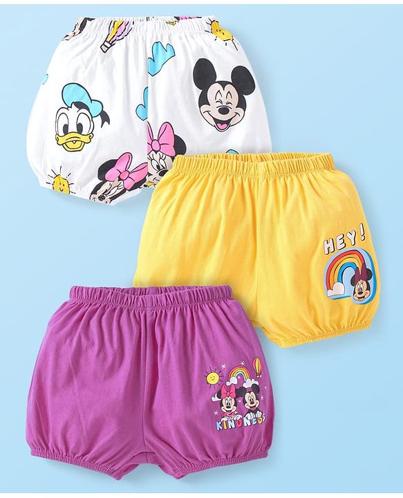 Babyhug Disney Lycra Knit Bloomers With Minnie & Friends Graphics Pack of 3 - White Yellow & Purple