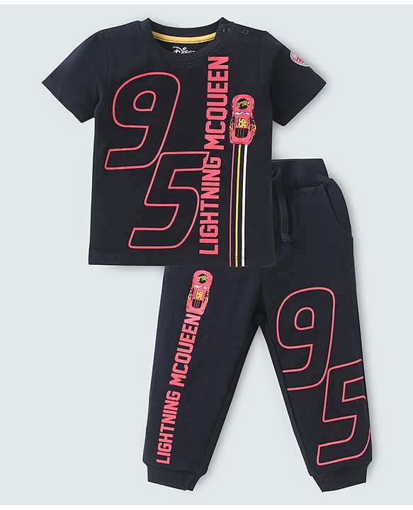 Babyhug Disney Terry Knit Half Sleeve T-Shirt & Lounge Pants Set With MC Queen Graphics - Black