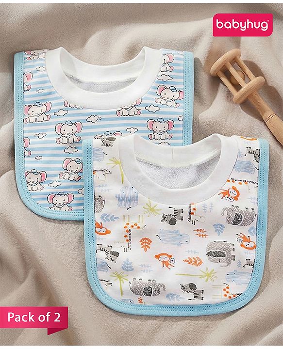 Babyhug 100 % Cotton Pullover Bibs Jungle Print Pack of 2 - Blue & Pink
