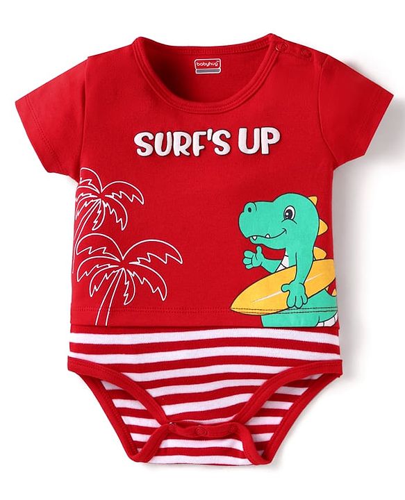 Babyhug 100% Cotton Knit Half Sleeves Dino Printed Onesie - Red
