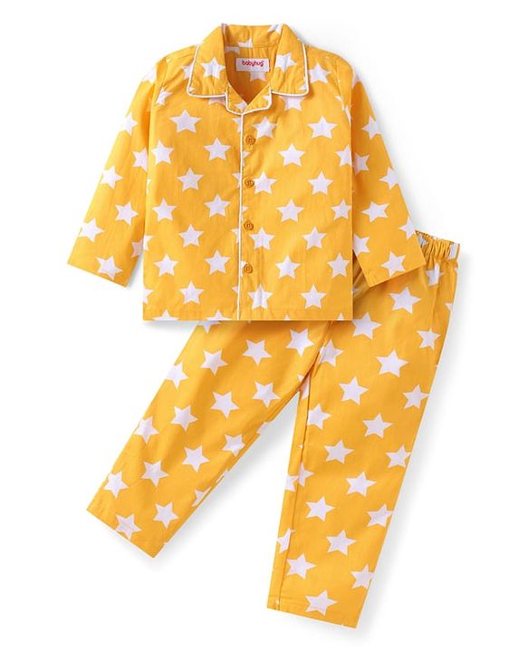 Babyhug Cotton Woven Full Sleeves Night Suit With Star Print - Yellow