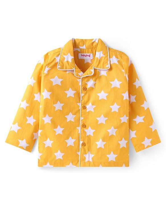 Babyhug Cotton Woven Full Sleeves Night Suit With Star Print - Yellow