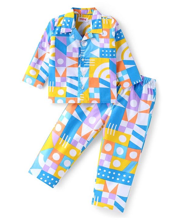 Babyhug 100% Cotton Woven Full Sleeves Co-ords Night Suit with Geometric Shapes Print - White