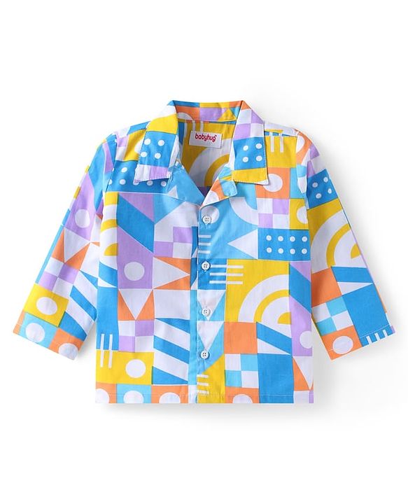 Babyhug Cotton Woven Full Sleeves Co-ords Night Suit with Geometric Shapes Print - White