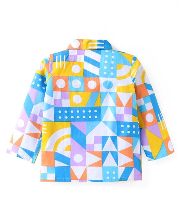 Babyhug Cotton Woven Full Sleeves Co-ords Night Suit with Geometric Shapes Print - White