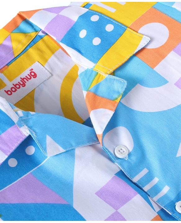 Babyhug Cotton Woven Full Sleeves Co-ords Night Suit with Geometric Shapes Print - White