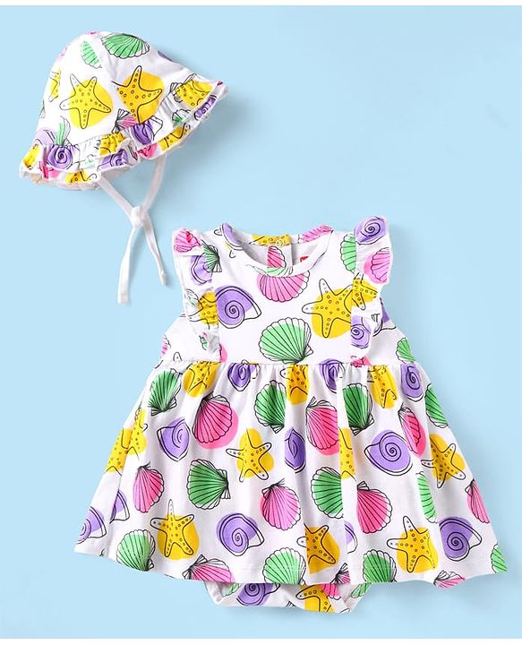 Babyhug Single Jersey Knit Sleeveles Onesie & Cap with Beach Theme Print - White & Pink