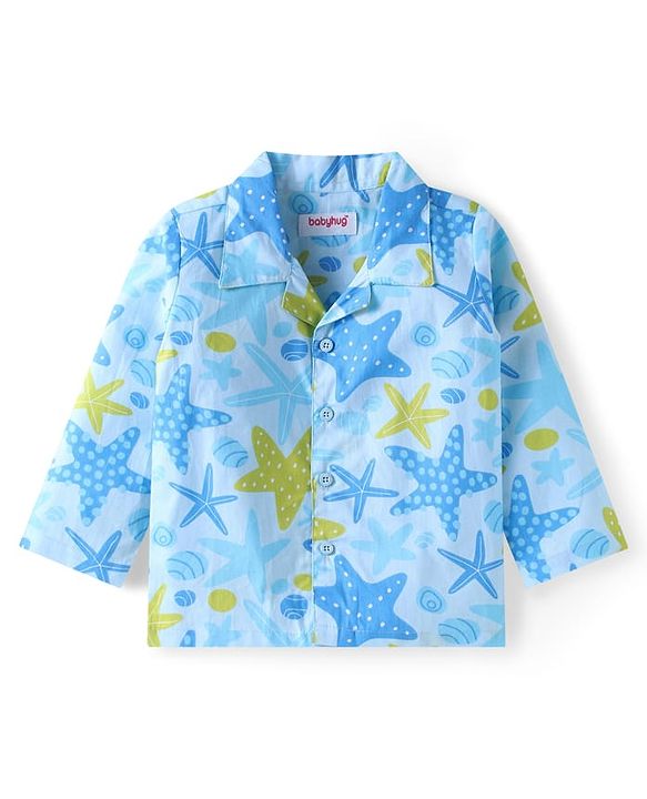 Babyhug Cotton Woven Full Sleeves Night Suit with Starfish Print - Light Blue