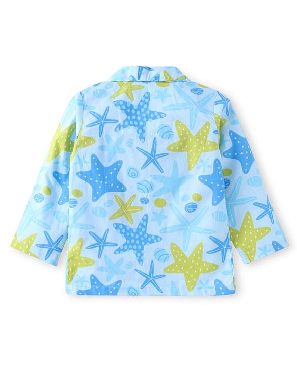 Babyhug Cotton Woven Full Sleeves Night Suit with Starfish Print - Light Blue