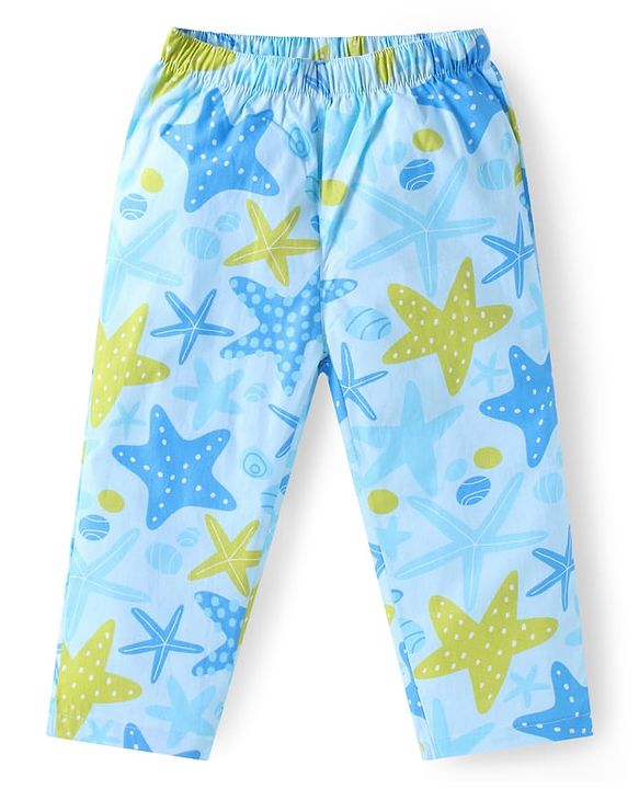 Babyhug Cotton Woven Full Sleeves Night Suit with Starfish Print - Light Blue