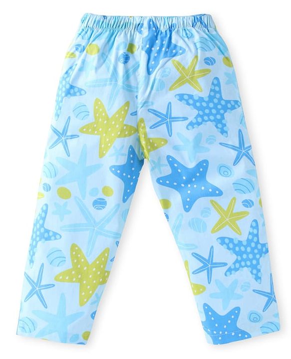 Babyhug Cotton Woven Full Sleeves Night Suit with Starfish Print - Light Blue