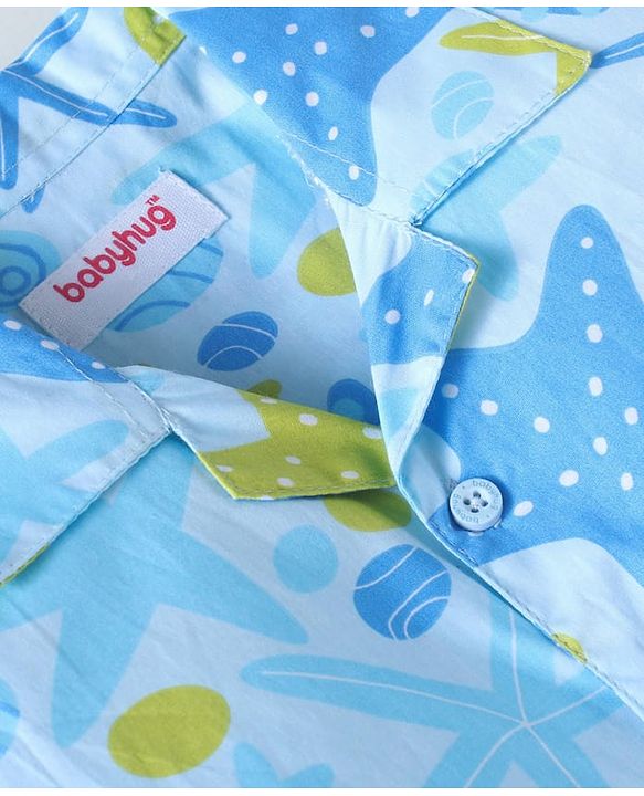 Babyhug Cotton Woven Full Sleeves Night Suit with Starfish Print - Light Blue