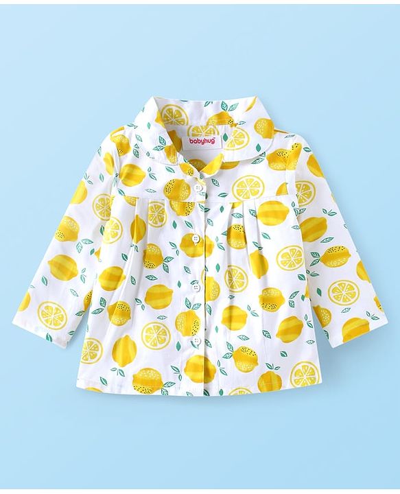 Babyhug Cotton Woven Full Sleeves Co-ords Night Suit with Lemon Print - White