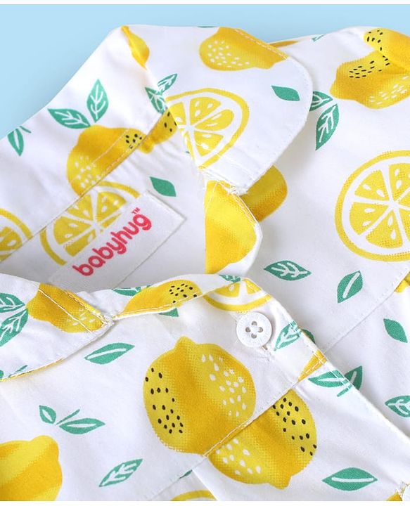 Babyhug Cotton Woven Full Sleeves Co-ords Night Suit with Lemon Print - White
