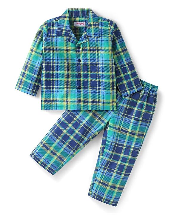 Babyhug Cotton Woven Full Sleeves Front Open Collar Neck Checkered Night Suit - Mint
