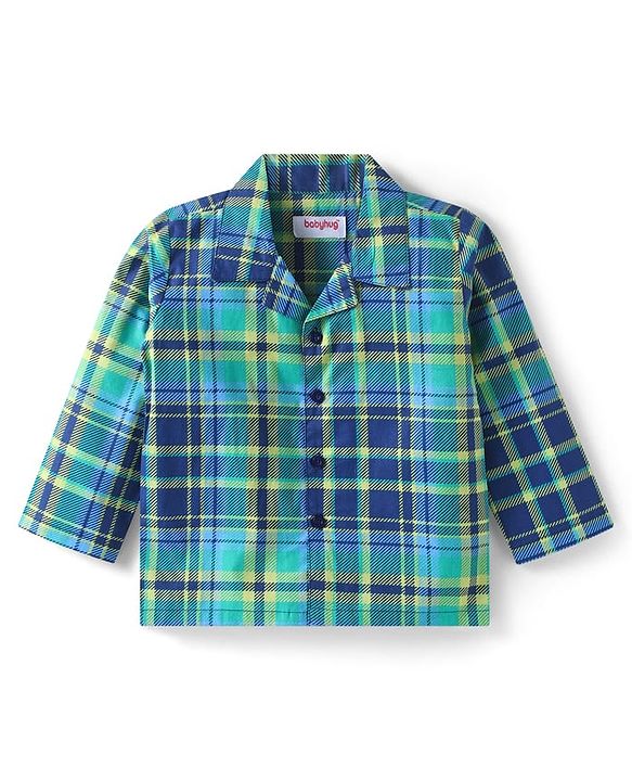 Babyhug Cotton Woven Full Sleeves Front Open Collar Neck Checkered Night Suit - Mint