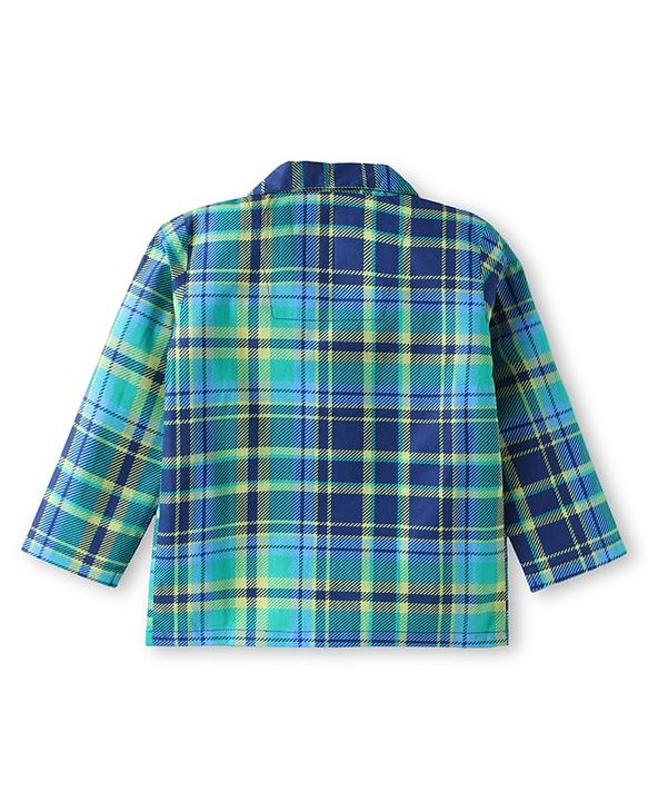 Babyhug Cotton Woven Full Sleeves Front Open Collar Neck Checkered Night Suit - Mint
