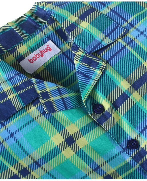 Babyhug Cotton Woven Full Sleeves Front Open Collar Neck Checkered Night Suit - Mint