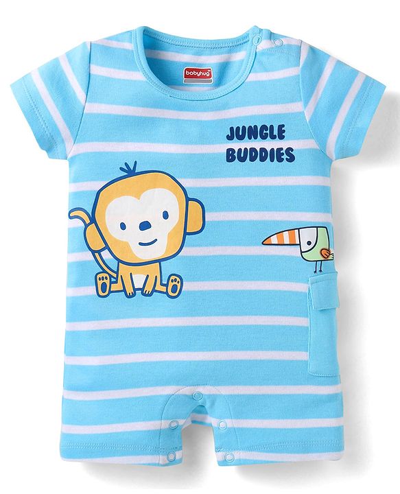 Babyhug 100% Cotton Knit Half Sleeves Romper with Stripes Monkey Print - Light Blue