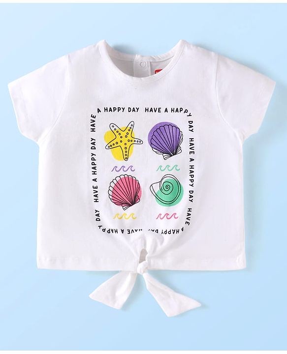 Babyhug Single Jersey Knit Half Sleeves Sea Animals Printed Top & Solid Denim Shorts Set - White & Blue