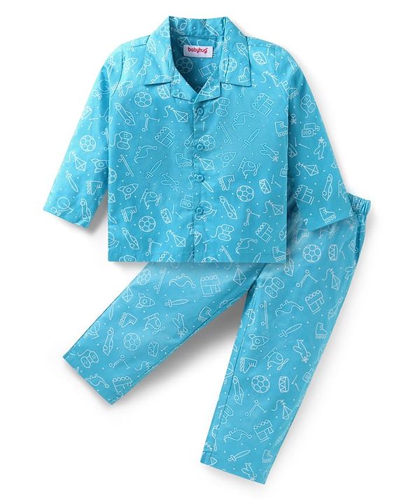 Babyhug Cotton Woven Full Sleeves Night Suit With Animal & Vehicle Print - Light Blue