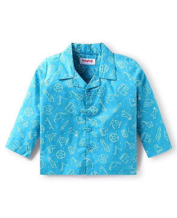 Babyhug Cotton Woven Full Sleeves Night Suit With Animal & Vehicle Print - Light Blue