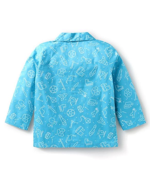 Babyhug Cotton Woven Full Sleeves Night Suit With Animal & Vehicle Print - Light Blue