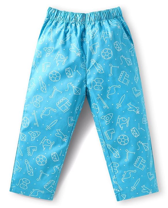 Babyhug Cotton Woven Full Sleeves Night Suit With Animal & Vehicle Print - Light Blue