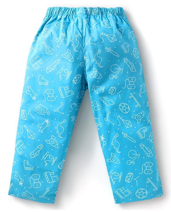 Babyhug Cotton Woven Full Sleeves Night Suit With Animal & Vehicle Print - Light Blue
