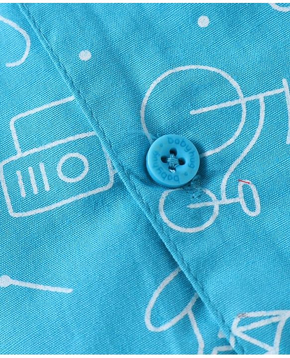 Babyhug Cotton Woven Full Sleeves Night Suit With Animal & Vehicle Print - Light Blue